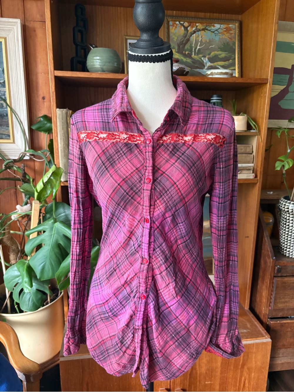 Y2K Vintage Lace and Plaid Buffal Button Down L